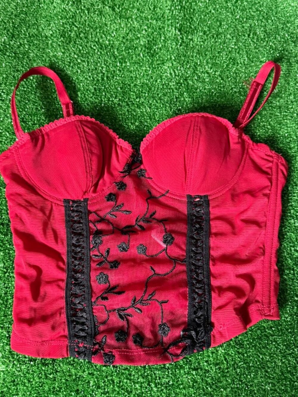 Isabella Embroidered Bustier Corset Top Red Black Sheer Mesh Y2K Coquette 32B